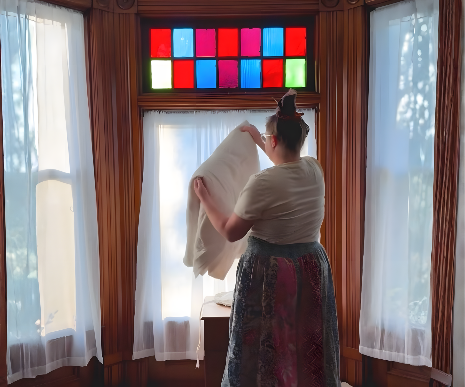 Founder of Earthspun Loom folding organic cotton bedding in a cozy, light-filled home, highlighting eco-friendly materials and everyday comfort
