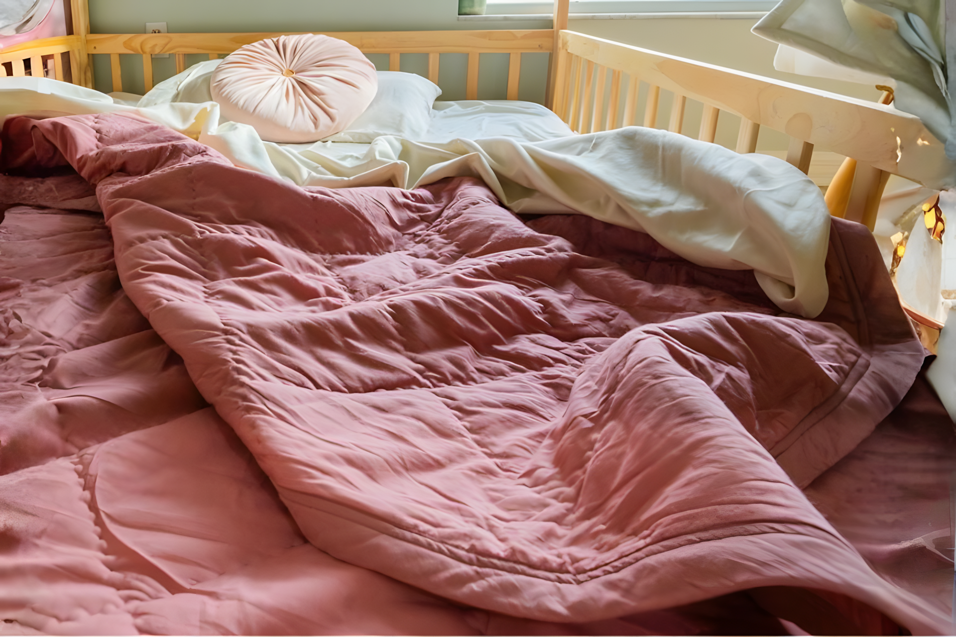 Pink organic cotton bedding on a toddler bed in a lived-in children’s room, showing everyday comfort, softness, and family-friendly design
